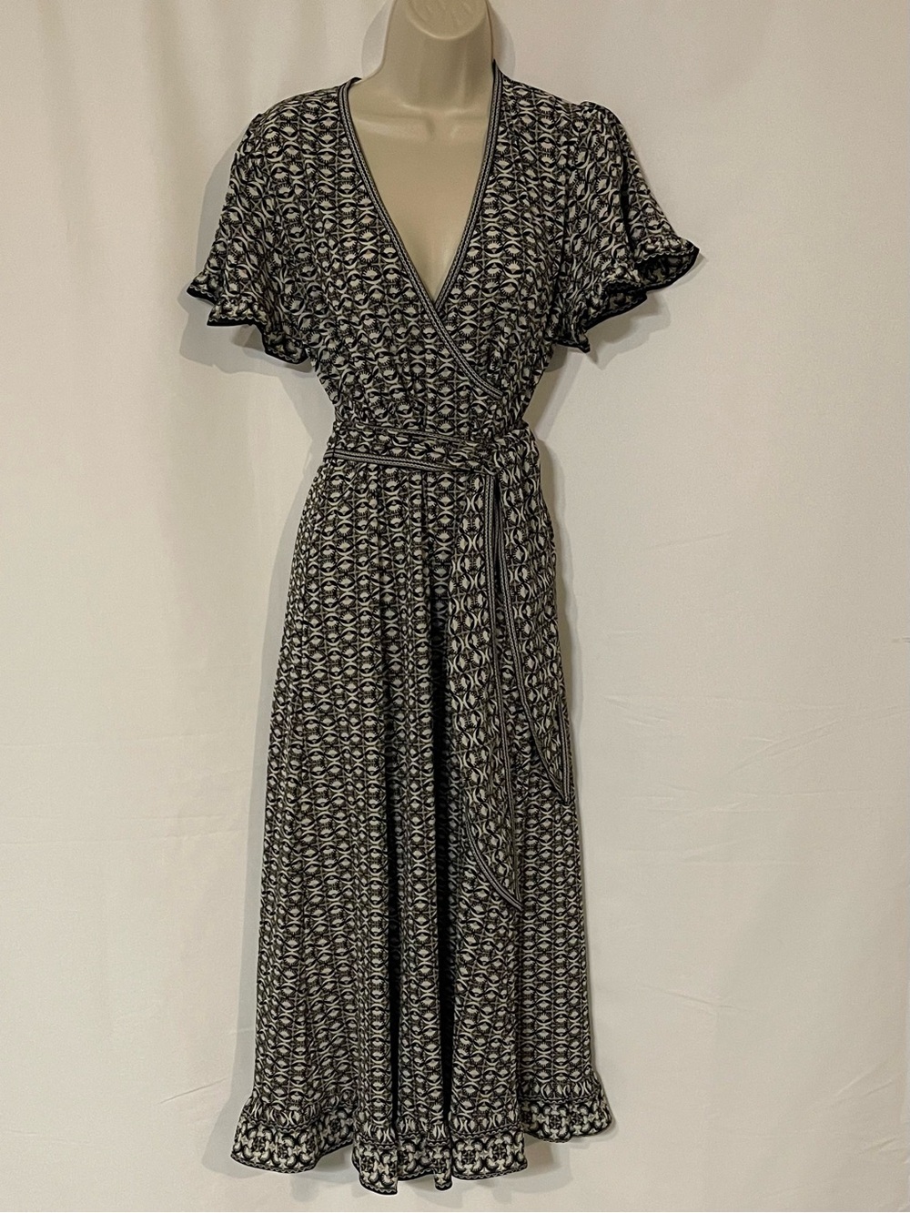 Max Studio Black and Cream Geometric Wrap Midi Dress